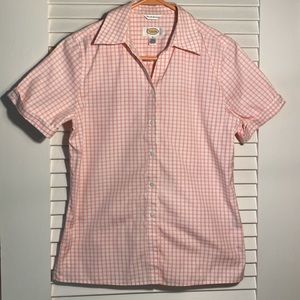 Talbots short sleeve pink & white check blouse, size 6, 100% cotton.